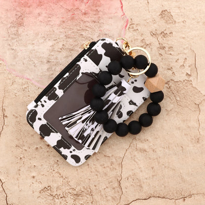2025 Silicone bead pu leather key chain wristlet id credit card holder keychain wallet for women with bangle bracelet