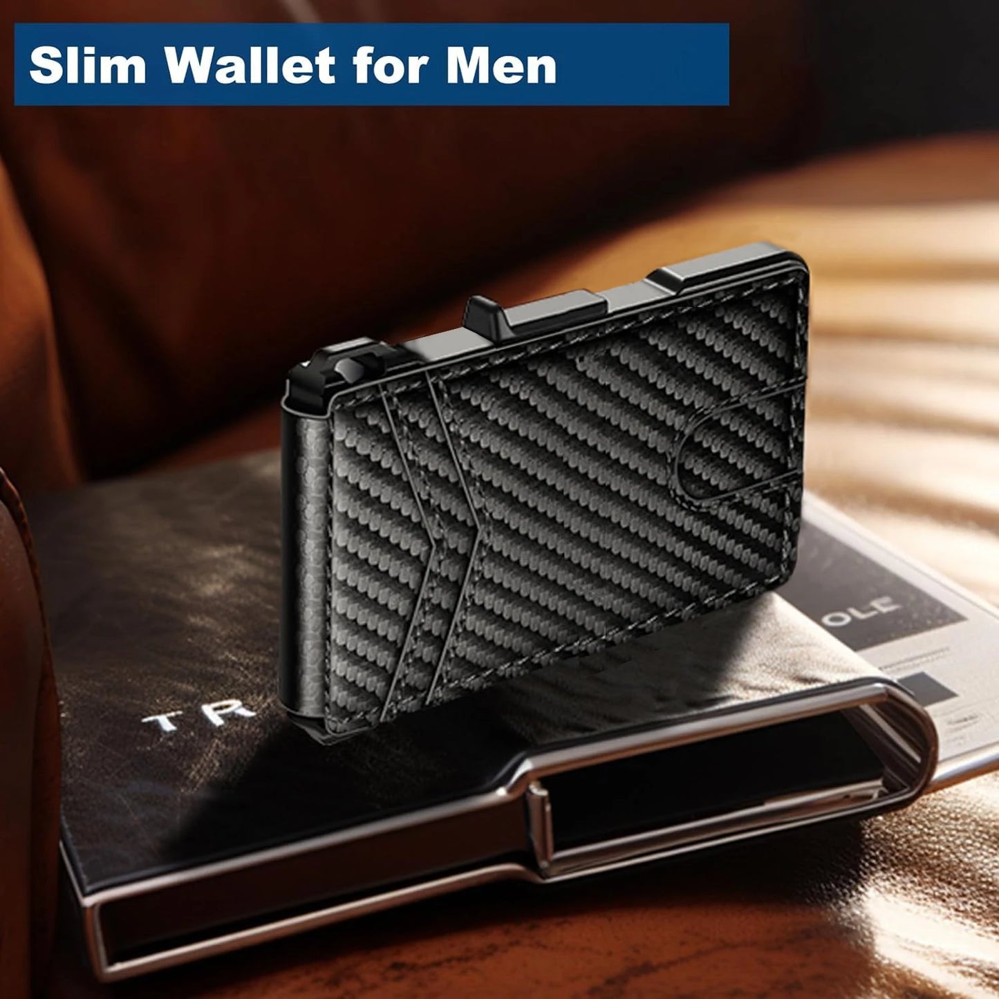 RFID Blocking Mens Wallet | Minimalist Slim Smart Pop-Up Card Holder, Metal Credit Card Wallet with Money Clip for Men