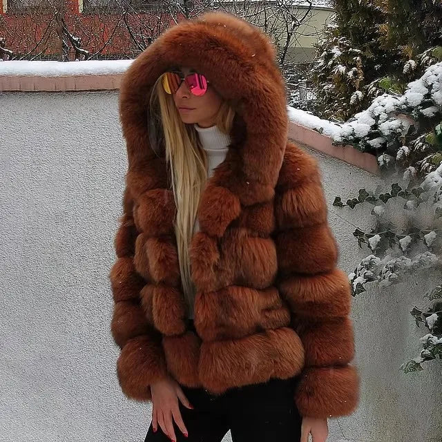 Fashion Winter Women Imitation Fox Fur Jacket Hooded Loose Long Sleeves Female Eco Fur Coat Patchwork Plush Thick Lady Fur Coat