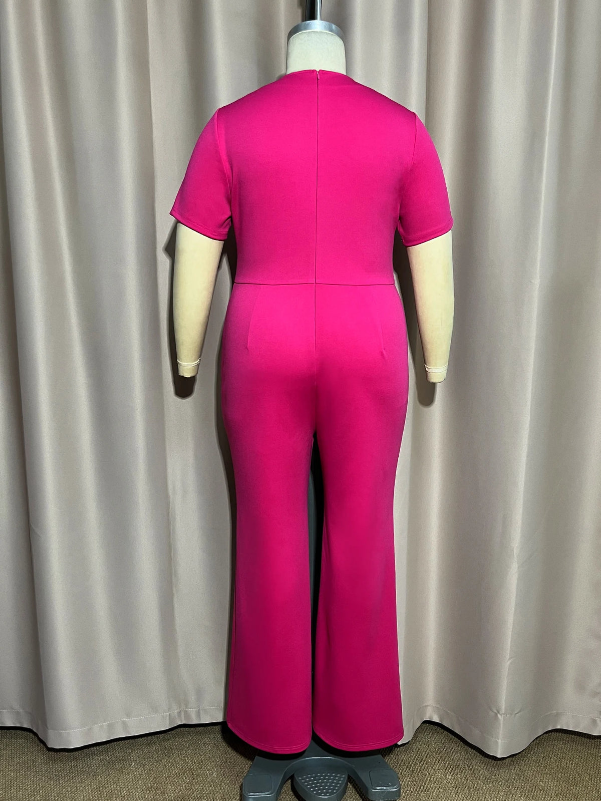 Stylish Rose Women Jumpsuit V Neck Short Sleeve Gold Piping High Waist Flare Leg Long Pants Elegant Causal Office Party Occasion