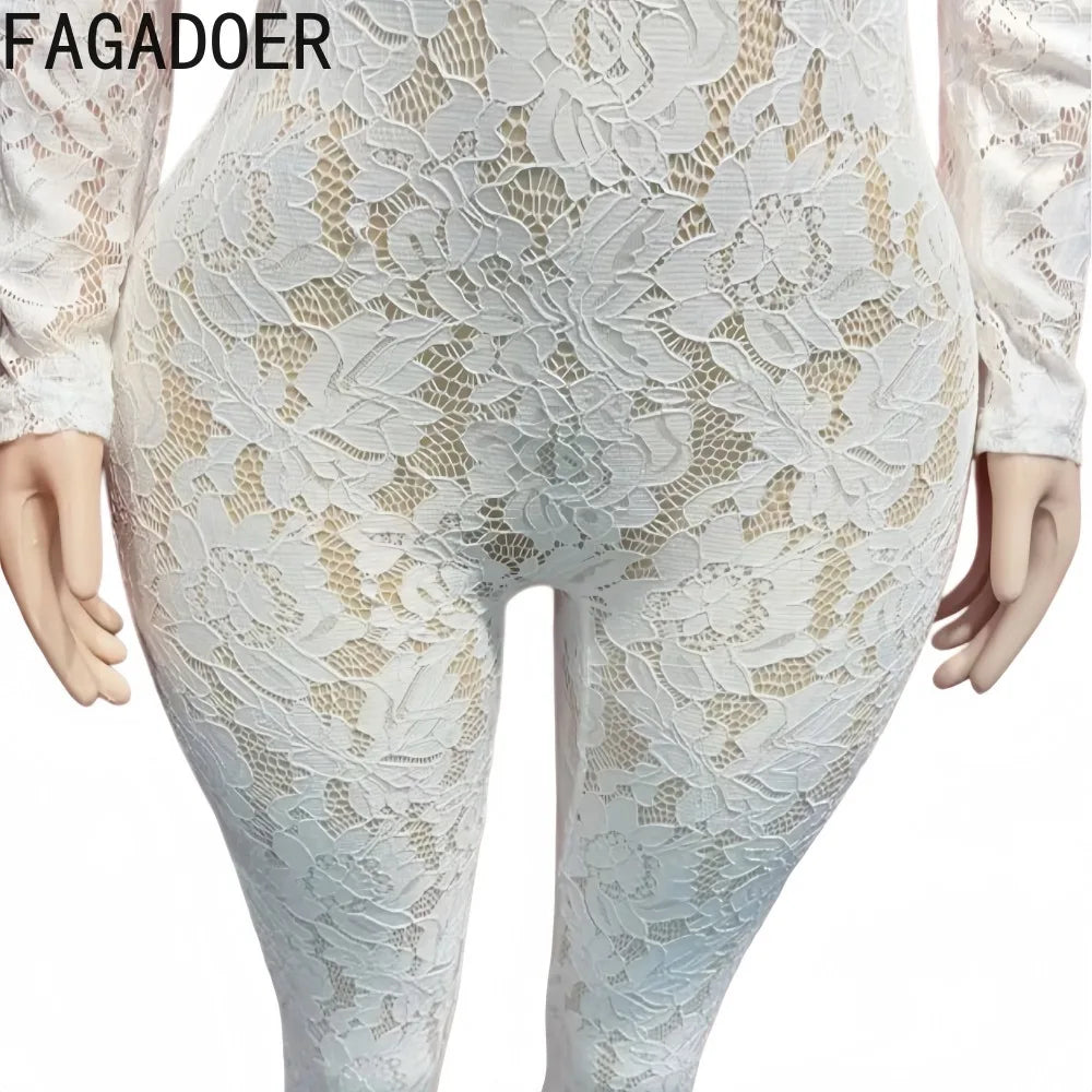 FAGADOER Fashion Floral Lace Bodycon Jumpsuits 2026 Women Sexy White See Through Long Sleeves Rompers Night Party Club Playsuits