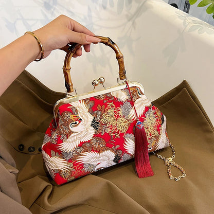Designer Bamboo Handle Handbag Retro Embroidery Women Evening Bag High-end Nylon Crossbody Bag Luxury Lady Shoulder Bags Satchel