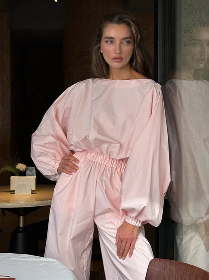 Pink One-Piece Suit Women's Spring Summer New Lantern Sleeve Backless Top Waist-Cinching Wide Leg One-Piece Suit