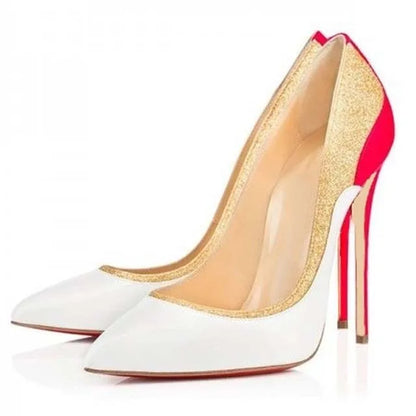 Mint Blue Red Patchwork Glitter Mixed Color Pumps Patent Leather Pointed Toe 12cm Stiletto Heels Wedding Shoes Women