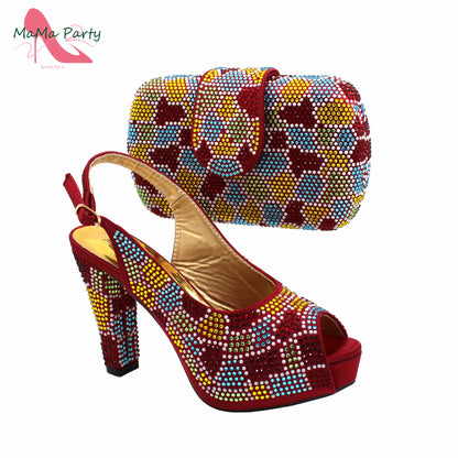 New Shoes and Matching Bag for Nigeria Party Slip on Shoes for Women Ladies Italian Shoes and Bag Set Decorated with Rhinestone