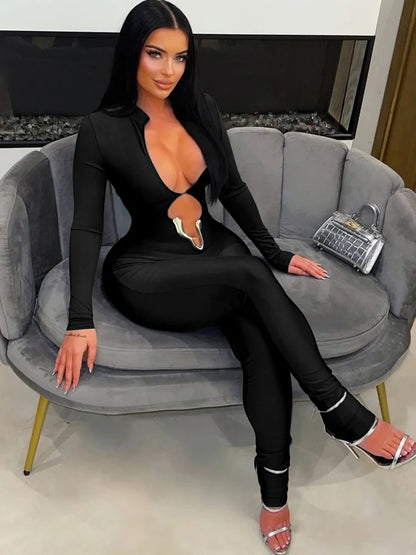 Kricesseen Sexy Hollow Out Long Sleeve Jumpsuits Women Solid Black Skinny One Piece Clubwear Birthday Party Outfits Rompers