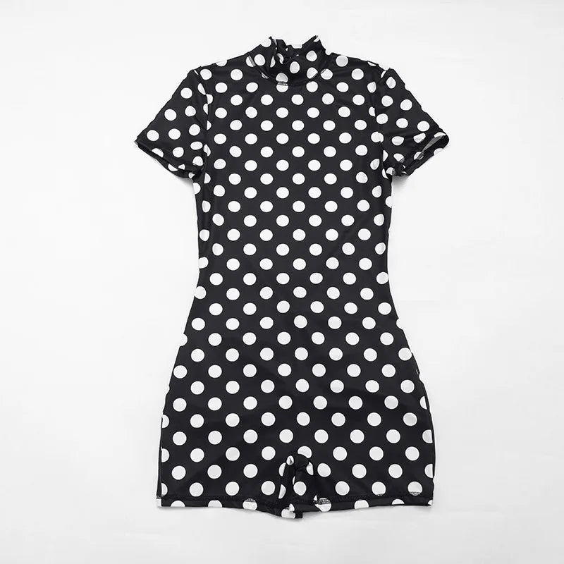 FAGADOER Retro Big Polka Dot Bodycon Rompers Women Short-sleeve Back Hollow Out Ruched Jumpsuits Streetwear Party Club Playsuits