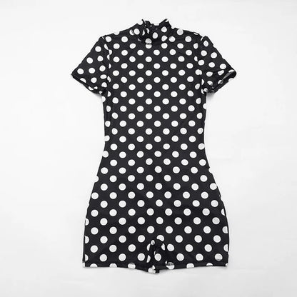 FAGADOER Retro Big Polka Dot Bodycon Rompers Women Short-sleeve Back Hollow Out Ruched Jumpsuits Streetwear Party Club Playsuits