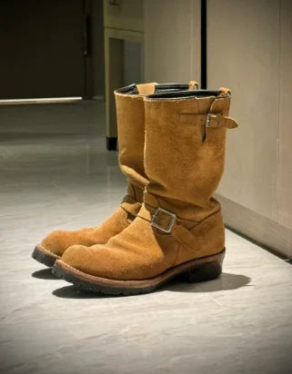 Retro Style Round Toe Belt Buckle Mid-Calf Platform Men Motorcycle Boot Chunky Middle Heels Buckle Strap Design Large Size Shoes