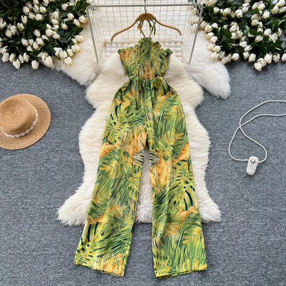 2024 New Summer Sexy Bohemian Leaf Print Jumpsuits Women Sleeveless Sexy Long Jumpsuit Mujer Casual Holiday Beach Rompers