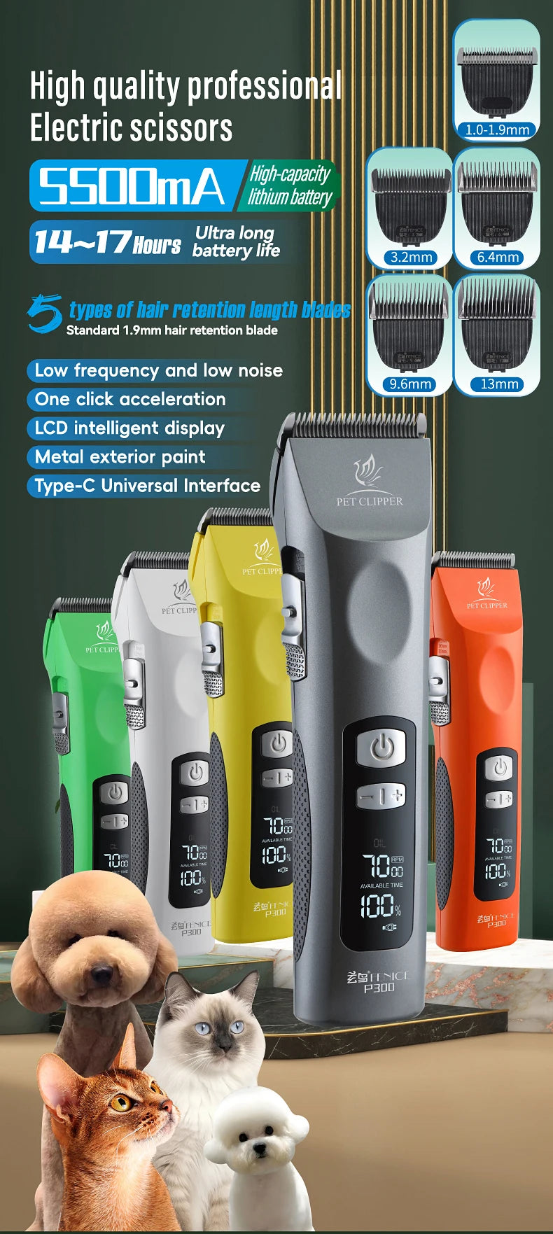 Fenice Cordless Rechargeable Pet Clipper Low Noise Professional Pet Hair Cutting Machine Grooming Trimmer Shaver Kit for Animals
