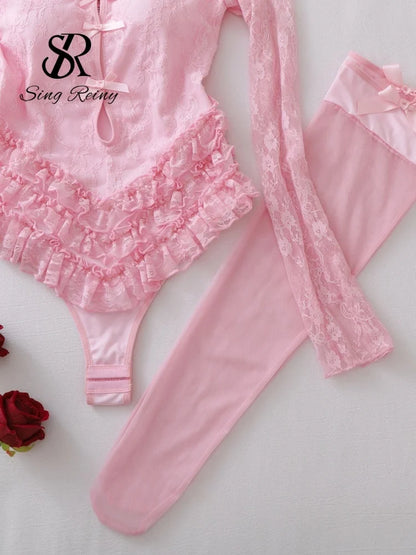 SINGREINY Off Shoulder Hotsweet Sexy Bodysuits Women Long Sleeves Ruffles Sweet Rompers Hollow Out Floral Lace Pink Playsuits