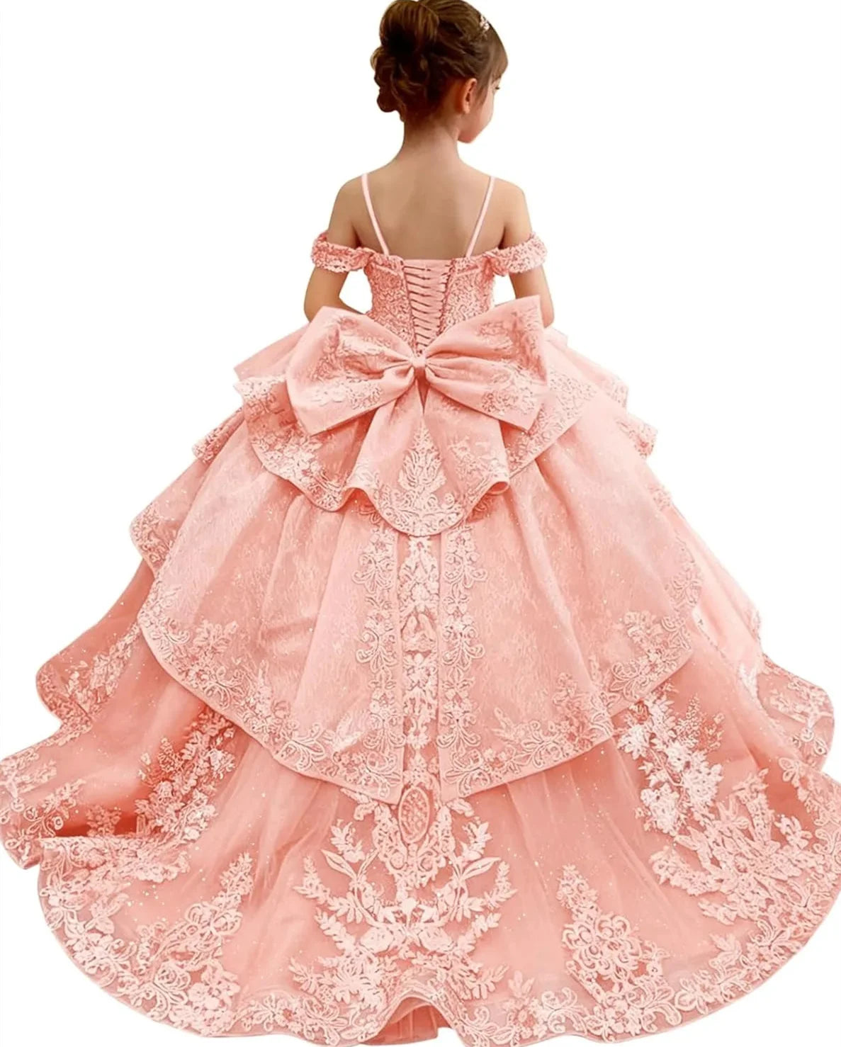 Customized Pink Flower Girl Dress For Wedding Bowknot Appliques Short  Sleeve Floor Length Kids Birthday First Communion Gown
