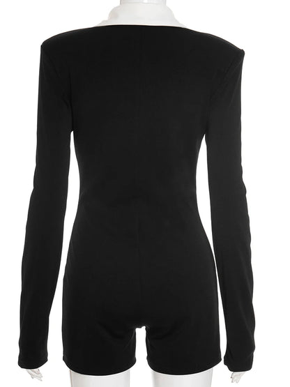 Weird Puss Elegant Lapel Patchwork Playsuits Women Hipster Long Sleeve Rose Button Stretch Activity Party Club Hipster Romper