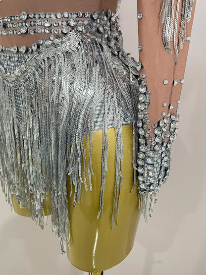 Sparkly Rhinestone Sequin Tassel Stretch Bodysuits 2025 New Arrival Women Birthday Party Nightclub Dj Stage Performance Costume