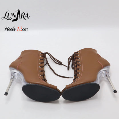 12cm/5Inch Plus size Beige PU Leather Lace-up Side zipper Peep toe High Stilettos Ankle boot Pole dancing Nightclub Rave Parties