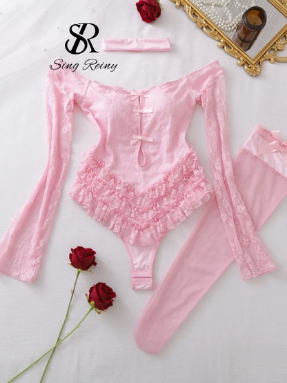SINGREINY Off Shoulder Hotsweet Sexy Bodysuits Women Long Sleeves Ruffles Sweet Rompers Hollow Out Floral Lace Pink Playsuits