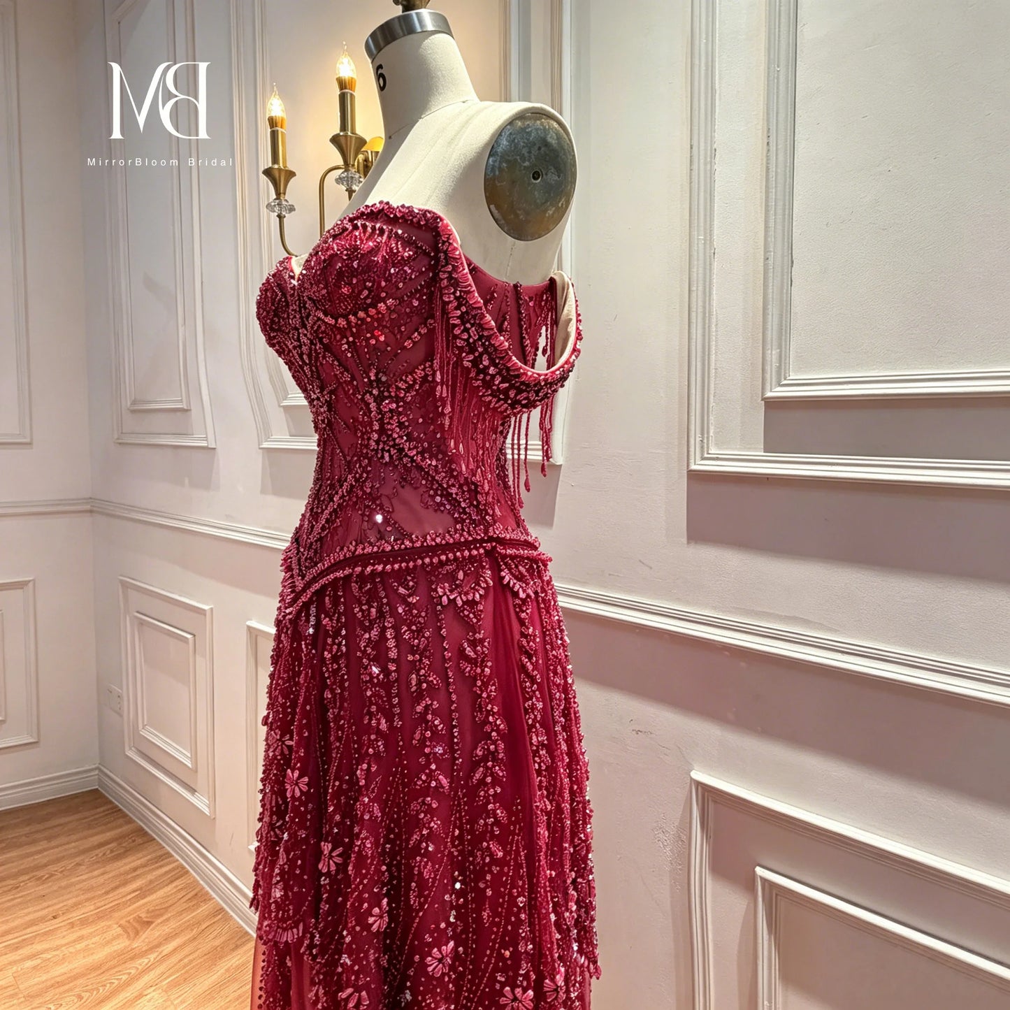 Red Off-the-Shoulder Strapless Sleeveless Floor-Length Formal Ball Gown Beadwork Embroidery Glowing Women's  Occasion Dress