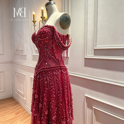 Red Off-the-Shoulder Strapless Sleeveless Floor-Length Formal Ball Gown Beadwork Embroidery Glowing Women's  Occasion Dress
