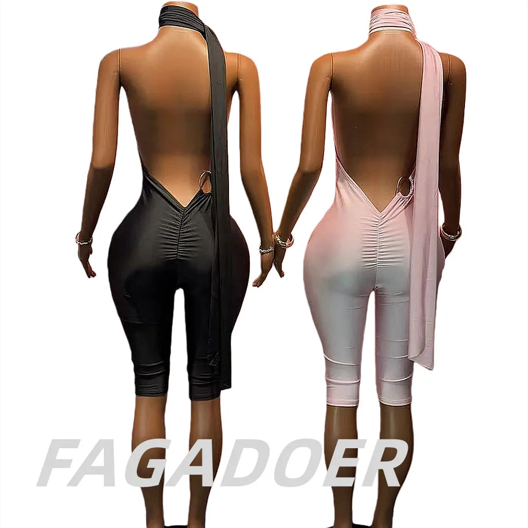 FAGADOER Sexy Halter Bandage Backless Jumpsuits Women Hip Ruched Skinny Rompers Overalls Party Slim Party Nightclub Playsuits