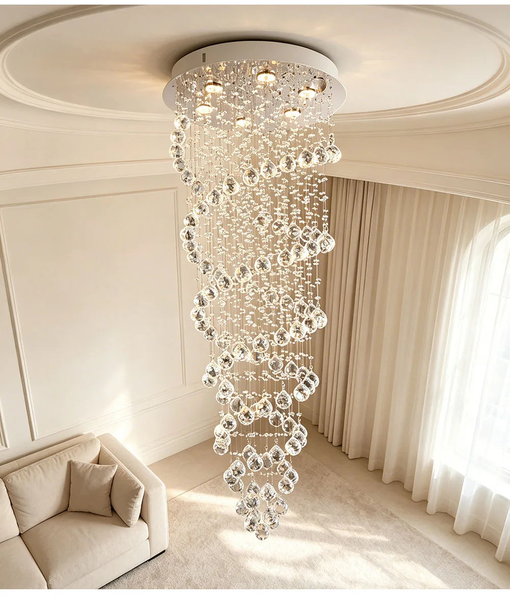Modern Luxury Spiral Crystal Ceiling Fixture Long Cascading Crystal Design for Duplex Stairwell High Ceiling Home Lighting