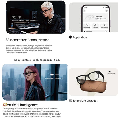 2026 Smart Glasses Genuine Leather 8MP HD Lens 2000Mah Charging Case BT Call 3D Music AI Voice Wake-up AI Translation