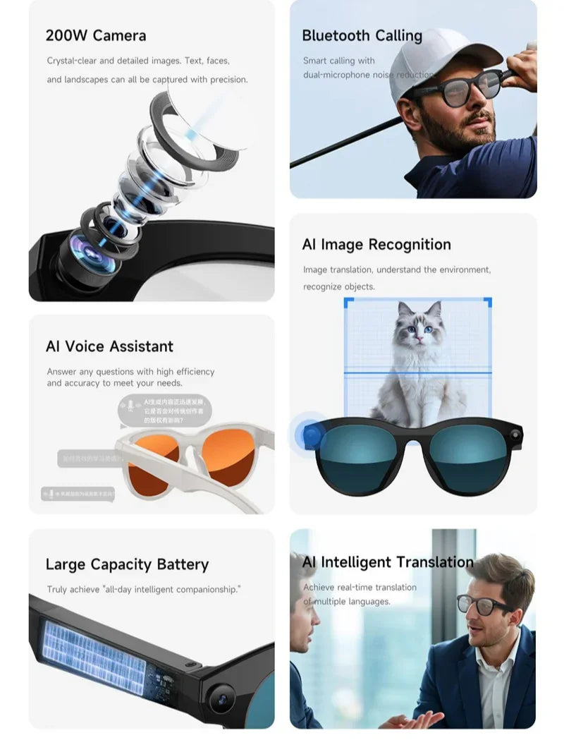 Lenovo Smart AI Glasses 800W Pixels HD Color Changing Chat Translate Camera Bluetooth Call Voice Assistant Music Control Glasses