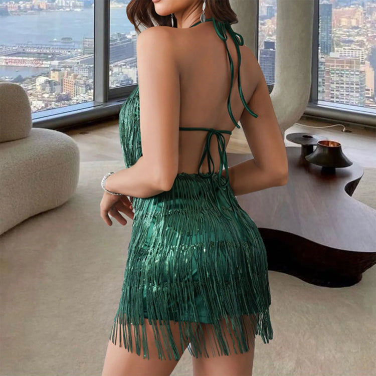 Women Fashion Tassels Sling Jumpsuits V Neck Slingback Feather Embroidery Dress Rhinestones Summer Party Night Club Bodysuit