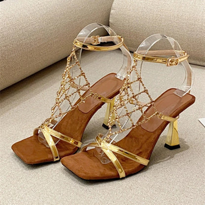 Luxury Gold Bling Rhinestone High Heeled Sandals Women Fashion Square Toe Cross Tied Designer Shoes Elegant Banquet Dress Shoes