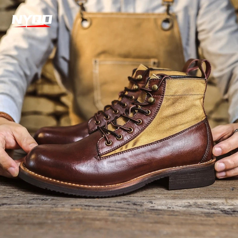 Men's Vintage Genuine Leather Motorcycle Boots, Round Toe British Style Work Ankle Boots