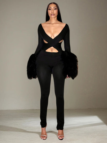 Weird Puss Cross Hollow Jumpsuit Women Sexy Fit Fur Patchwork Full Sleeve Workout Activity Streetwear Stretch Tight Overalls