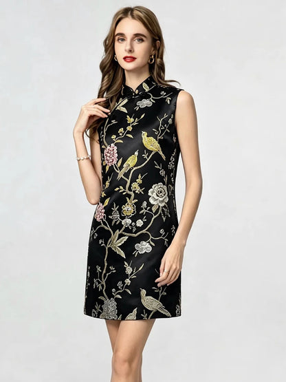 Elegant Black Stand Collar Frog Button Qipao Bird Beaded Jacquard Sleeveless Tank Dress for Women Autumn Party Vintage Chic Gown