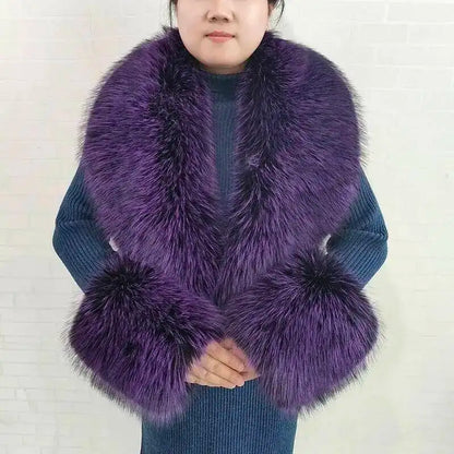 Large Women Faux Fox Fur Scarf Winter Jackets Warm Fluffy Shawl Fashion Artificial Fur Collar And Cuff Set Fluffy Scarves Female