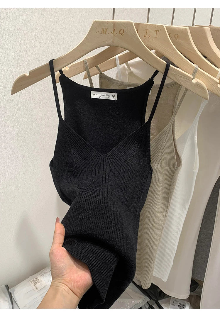 2026 Women Summer Style Sleeveless Vest Solid Color Slim Fit V Neck Knitted Top Fashionable Versatile Base Layer Knit Tank Tops