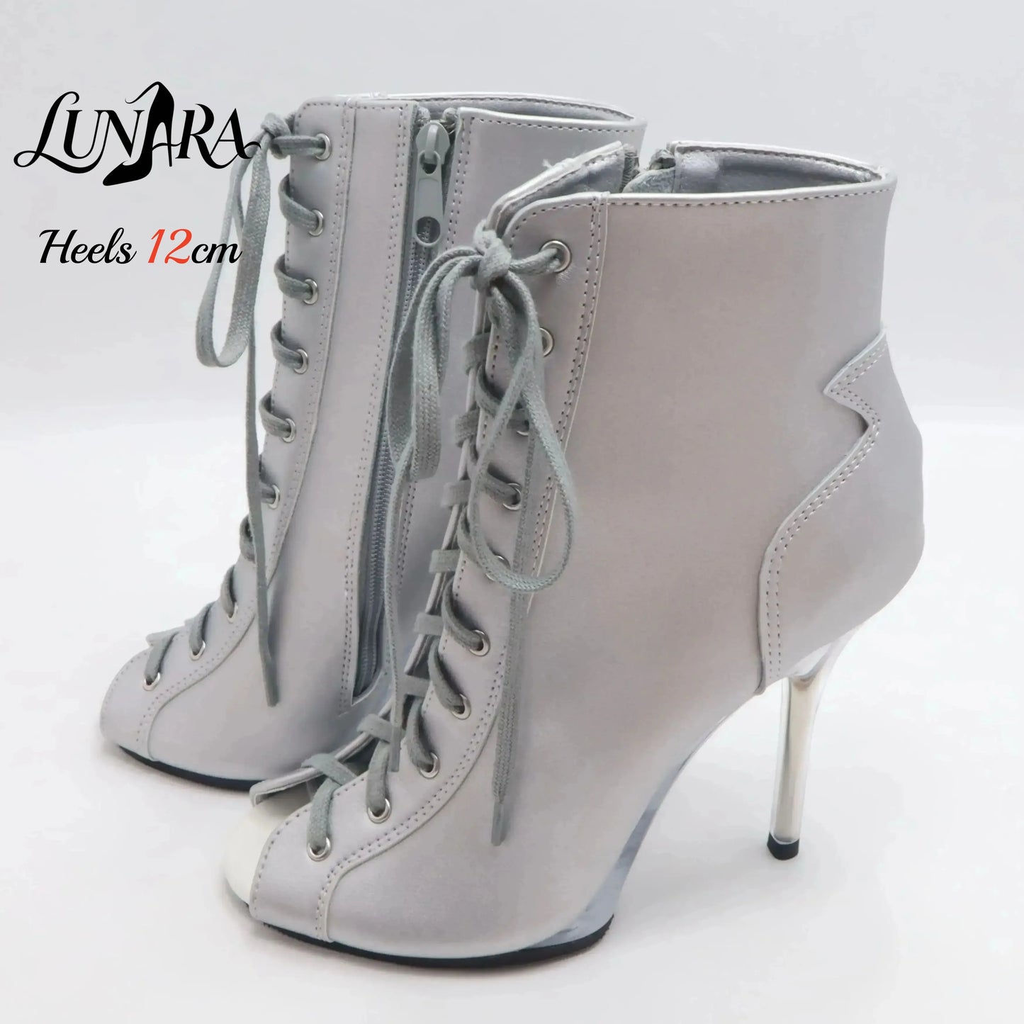 12cm/5Inch Plus size Beige PU Leather Lace-up Side zipper Peep toe High Stilettos Ankle boot Pole dancing Nightclub Rave Parties