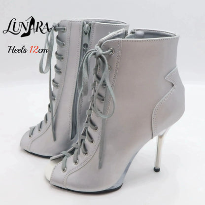 12cm/5Inch Plus size Beige PU Leather Lace-up Side zipper Peep toe High Stilettos Ankle boot Pole dancing Nightclub Rave Parties