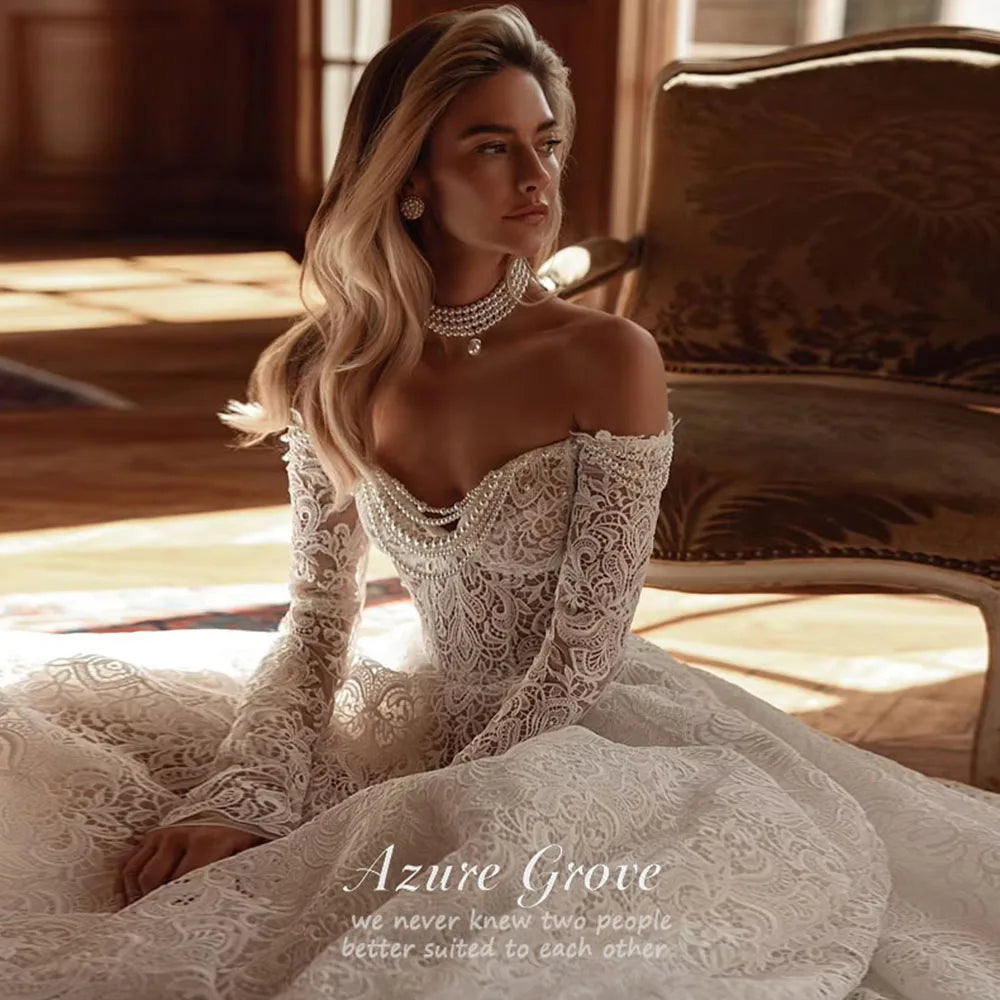 Azure Grove Customized Sweetheart Long Sleeve Pearls A Line Wedding Dresses Illusion Pearls Court Train Vintage Bridal Gown