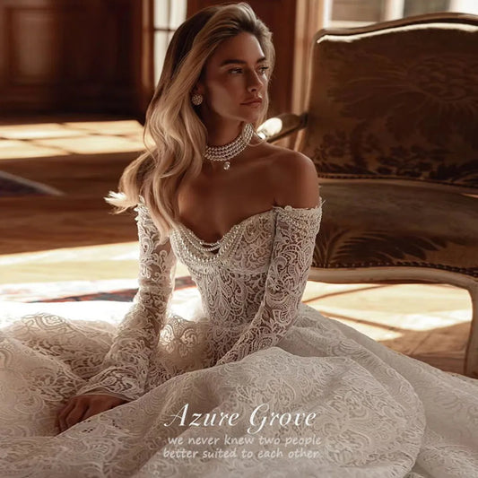 Azure Grove Customized Sweetheart Long Sleeve Pearls A Line Wedding Dresses Illusion Pearls Court Train Vintage Bridal Gown