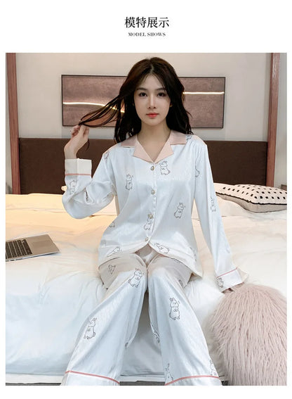 Women's Ice Silk Pajama Set Long Sleeve Long Pants Lightweight Sleepwear for Spring And Autumn Comfortable Homewear Pj Set