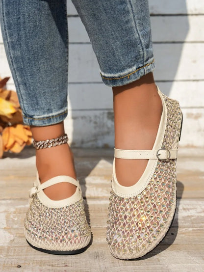 Women's Mary Jane Shoes Luxury Brand Casual Single Shoes Women's Rhinestone Plus Size Womens Round Head Buckle Beach Flat Shoes