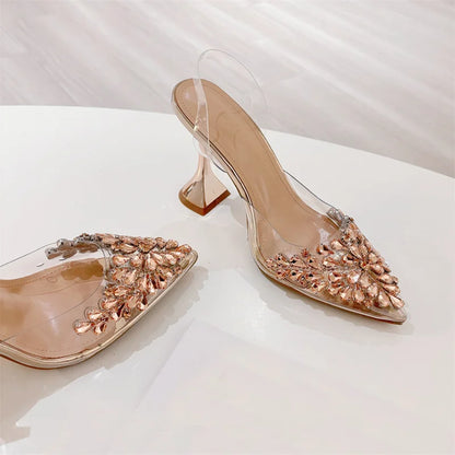 Liyke 2026 New Gold Silver Diamond Rivet Pointed Toe Slingback Sandal Women Pumps Sexy Clear High Heels Wedding Party Prom Shoes