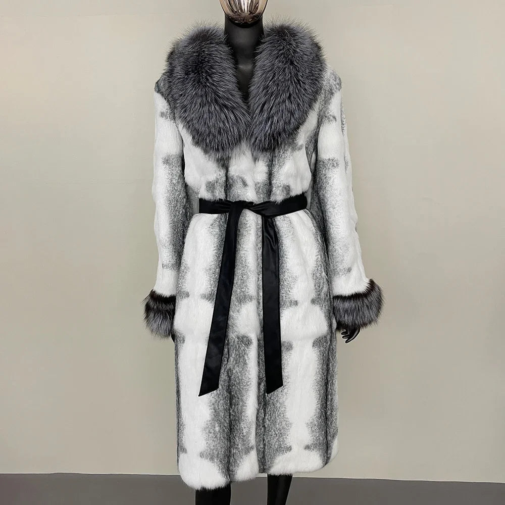 2024 New Autumn Winter Thickened Fur Coat for Women Rabbit Fur One-piece Long Style Real Fox Fur Collar Fashion Warm Coat Women