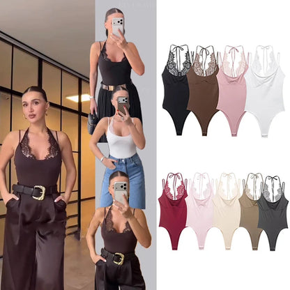 Women's Bodysuit 2026 New Fashion Summer Black Spliced Lace Bodysuit for Women Elegant Chic Personality Spaghetti Strap Bodysuit
