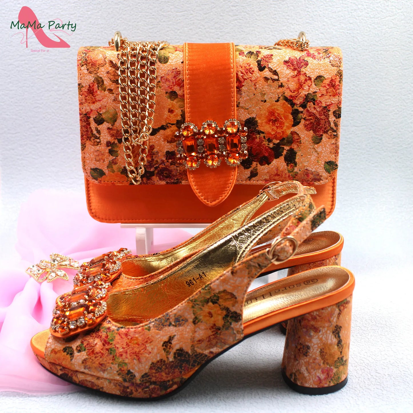 2024 Mature Style High Quality Comfortable Heels Italian Women Shoes and Bag Set with Shinning Crystal in Yellow Color