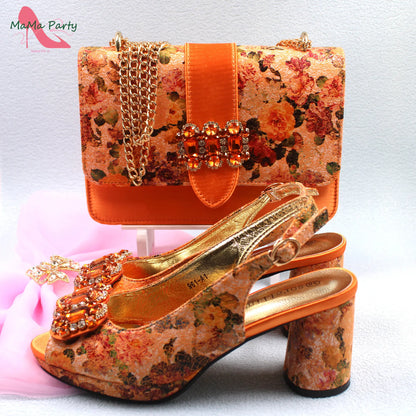 2024 Mature Style High Quality Comfortable Heels Italian Women Shoes and Bag Set with Shinning Crystal in Yellow Color
