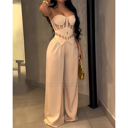 Women's Sexy Strapless Solid Color Jumpsuit Slimming High Waist Wide Leg Long Pants Elegant Party Romper Classy Clubwear Outfit