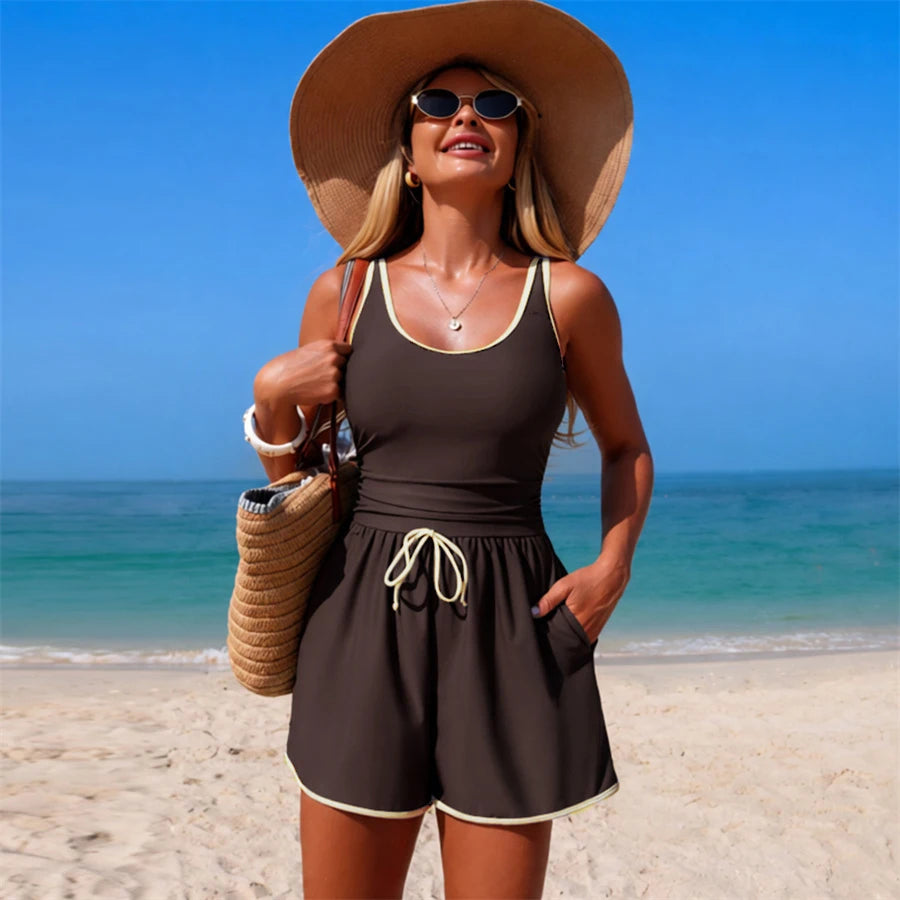 Women One Piece Swimsuit Summer Swimming Jumpsuit Vest Shorts Solid Classical Color Female Deep Neck Bathing Suits Beach 2026