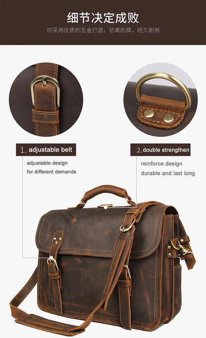 Vintage Crazy Horse Genuine Leather Men Briefcase Large Business Bag Tote Office Bag 15.6“Laptop Case Attache Male Shoulder Bag