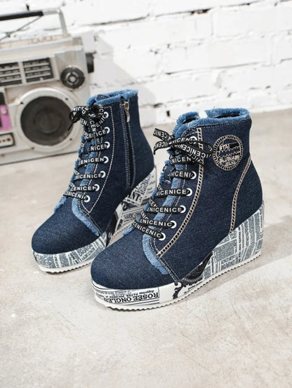 Women's Wedge Sneakers High Top Round Toe Denim-Look Lace-Up Side Zipper Letter Print Detail Casual Platform Ankle Boots 2026
