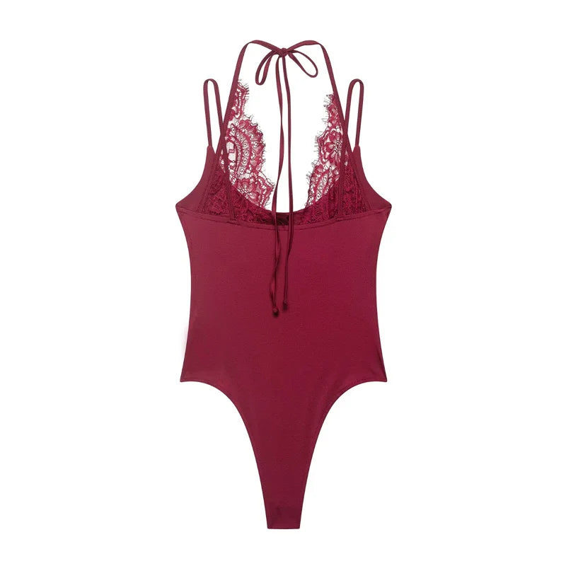 Women's Bodysuit 2026 New Fashion Summer Black Spliced Lace Bodysuit for Women Elegant Chic Personality Spaghetti Strap Bodysuit